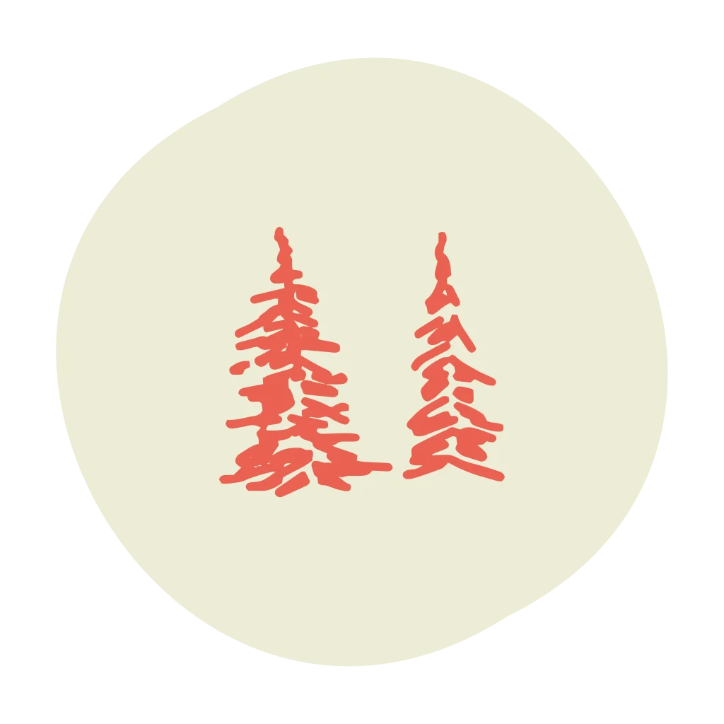 Two minimalist pine trees drawn in coral red on a cream circular background