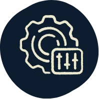 Settings or controls icon in cream color on navy blue circle with adjustment sliders
