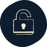 Unlocked padlock icon in cream color on navy blue circle